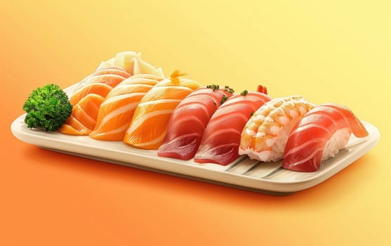 Visually Stunning Sushi Platter with Nigiri, Sashimi, and Rolls Intricate Garnishes Sleek Elegant Background Concept Culinary Artistry.