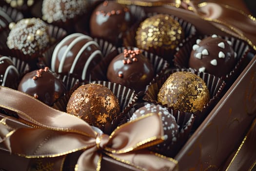Elegant box of chocolate truffles with a brown ribbon, rich in dark colors and high detail.
