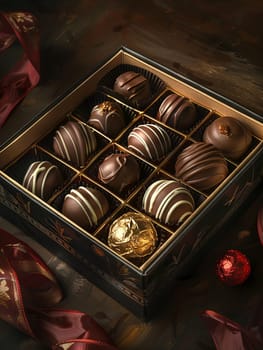 A box of elegant chocolate truffles, adorned with ribbons, placed on top of a table.