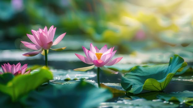 Lotus Flowers Blooming in Pond with Macro Lens Under Natural Light Concept Tranquil Summer Atmosphere.