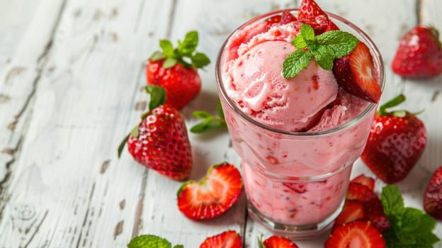 Close-Up of Strawberry Ice Cream in Glass Topped with Fresh Strawberries and Mint Leaves Against White Wooden Background Concept Fresh and Delicious Dessert.