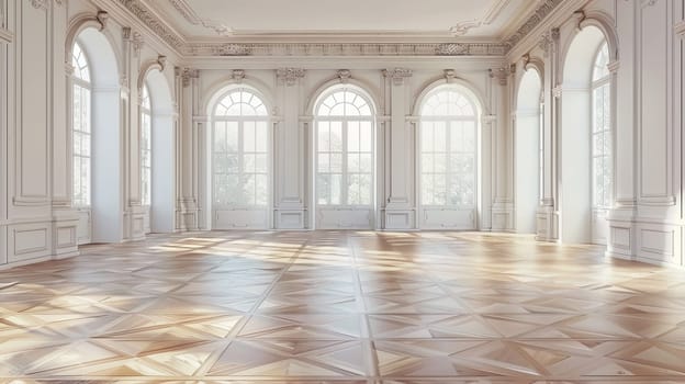 An empty banquet hall featuring a tiled floor and large windows, creating a bright and open space.