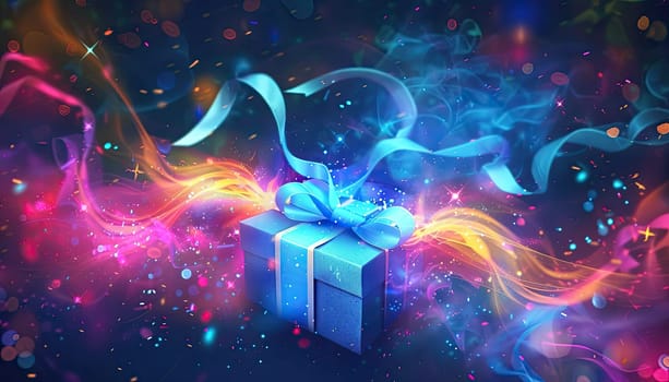 A blue box with a blue ribbon is surrounded by colorful sparks by AI generated image.