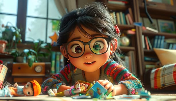 A young girl wearing glasses is sitting at a table with a pile of toys by AI generated image.