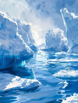 Icebergs drift in Arctic waters, reflecting light on the icy surface.
