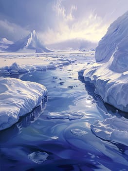 A painting depicting icebergs floating in icy Arctic waters, capturing the texture and reflection of light on the ice formations.