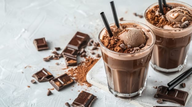 Chilled Iced Chocolate Cocoa with Scoop of Chocolate Ice Cream Chocolate Powder and Ice in Glasses with Straws Concept Summer Refreshment Drinks.