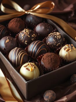 A luxurious box of assorted chocolate truffles, adorned with ribbons, placed on a table.