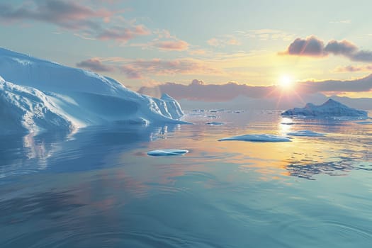 Multiple icebergs drift on frigid Arctic waters, reflecting light and displaying various shapes and sizes.