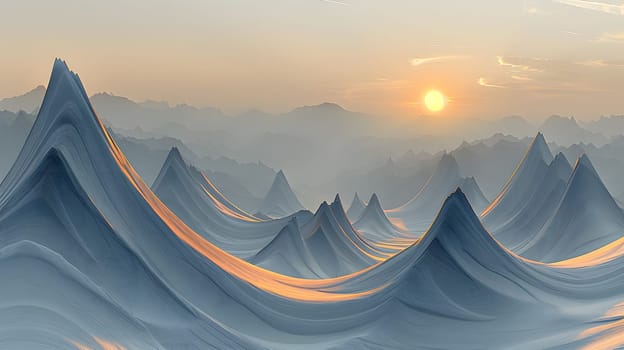 A computer generated image of a natural landscape featuring a snowy mountain range with the sun shining through the clouds, creating a stunning atmospheric phenomenon in the sky