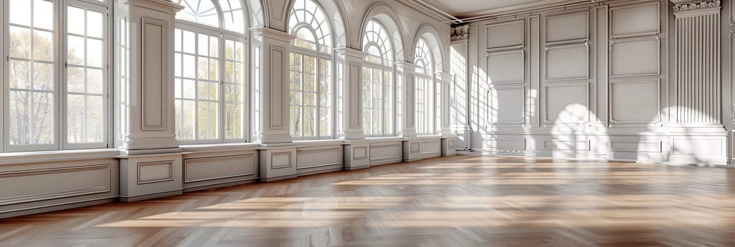 Vintage-style empty banquet hall with a parquet floor and large windows.