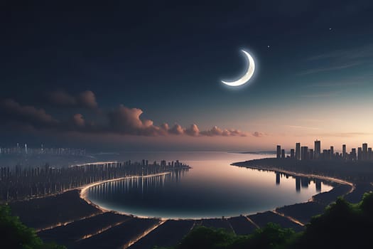 A crescent moon shines brightly in the night sky above a bustling city, with buildings lit up and cars moving along the streets below. The scene captures the urban landscape under the serene glow of the moon.
