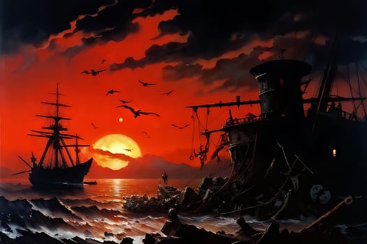 Depiction of a colorful sunset over the water, with several ships sailing on the horizon. The ships are painted in detail, capturing their movement across the calm ocean.