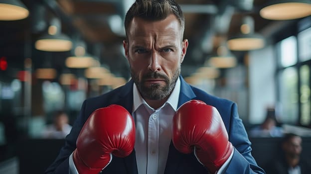 Businessman man in boxing gloves ready for corporate business battle selective focus knockout.