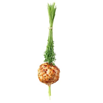 Chicken meatballs with herbs suspended and steaming Food and culinary concept. Food isolated on transparent background.