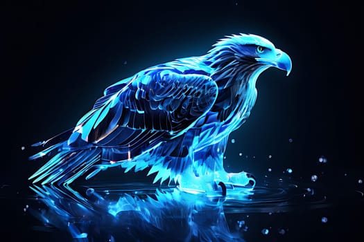 A blue bird is sitting atop a body of water, displaying a vibrant contrast against the liquid backdrop. The birds feathers glisten under the sunlight, creating a striking visual scene.