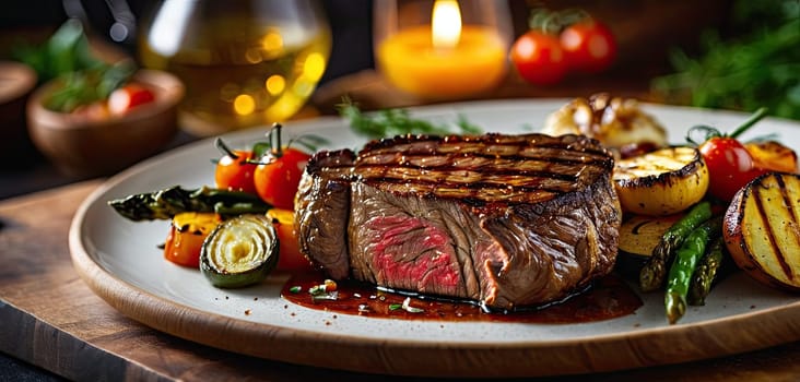 Grilled beef, dinner, vegetables. Succulent grilled beef surrounded by colorful roasted vegetables displayed on a rustic wooden board