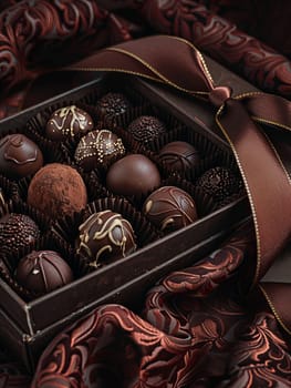A stylish box of chocolate truffles adorned with ribbons, showcasing high detail and rich dark colors.