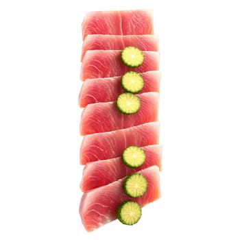 Ahi tuna deep red sashimi slices wasabi and ginger swirling around Food and Culinary concept. Food isolated on transparent background.