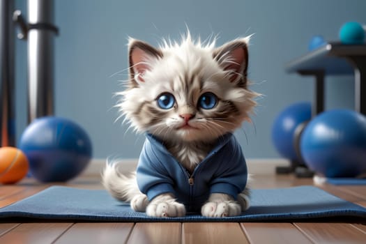 cute Ragdoll cat doing fitness in the gym .