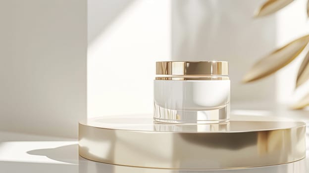 Face cream in a glass jar on a white and gold background. Skin care concept. Backdrop for beauty cosmetic products