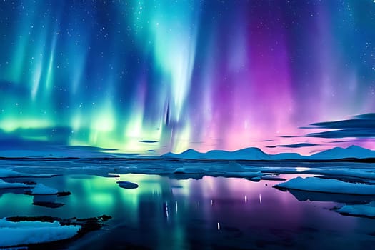 The ethereal green and purple hues of the aurora borealis dance across the sky, casting a mesmerizing reflection on the calm water below. The vibrant colors create a stunning display of natural beauty.