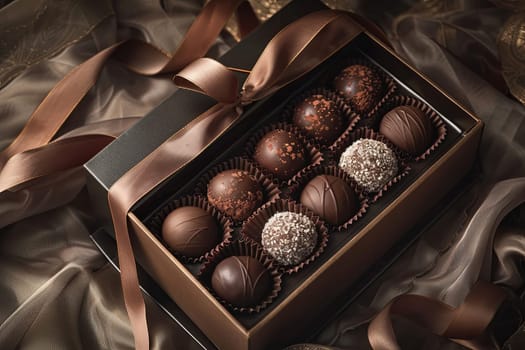A luxurious box of dark chocolate truffles adorned with a ribbon.