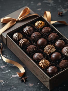 Luxurious box of chocolate truffles with ribbons displayed on a table.