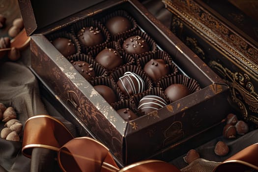 A luxurious box of chocolate truffles with ribbons on top of a table.