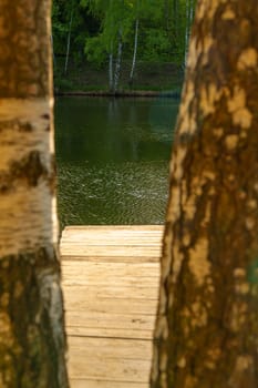 Wooden bridge on the lake. High quality photo