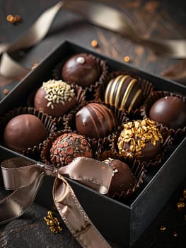 Luxurious box of assorted chocolates with rich dark colors and ribbons on a table.