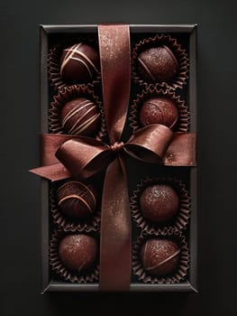 Elegant box of chocolate truffles adorned with a decorative bow, showcasing high detail and rich dark colors.