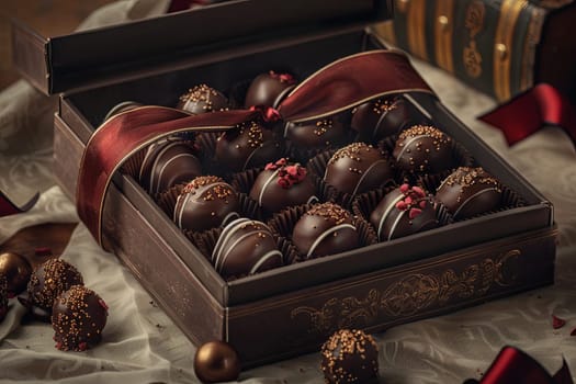 Elegant box of chocolate truffles with ribbons on a table.