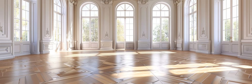 A big empty banquet hall with parquet floor and multiple large windows in a vintage style.