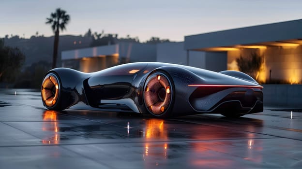 A sleek futuristic vehicle is parked in front of the house with stylish automotive lighting, alloy wheels, and bumper design, showcasing the latest in automotive technology