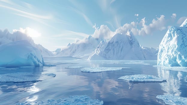 Icebergs float on the cold Arctic waters, creating a striking scene of frozen beauty.