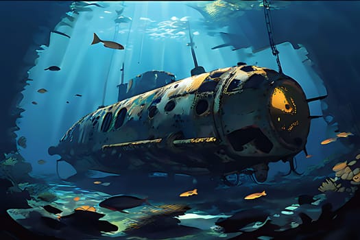 A submarine is seen floating in the ocean waters, with a variety of fish swimming around it. The scene captures the underwater world and the interaction between the man-made vessel and marine life.