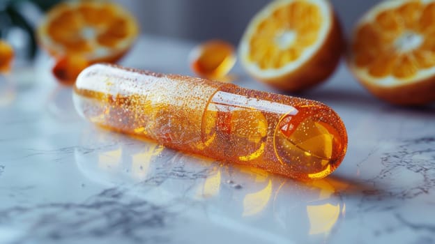 One capsule in a transparent shell with vitamin granules inside on the table.