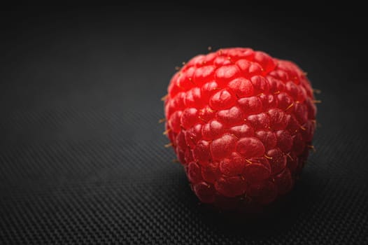 One red raspberry on a black background macro shot.