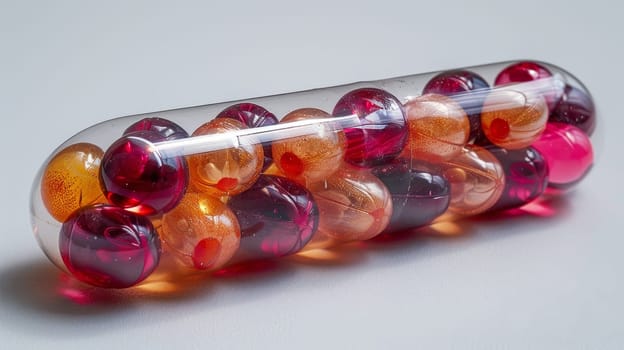 One capsule in a transparent shell with vitamin granules inside on a white background.