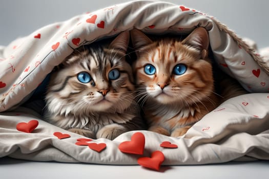 two cats in love lie in bed under a blanket .