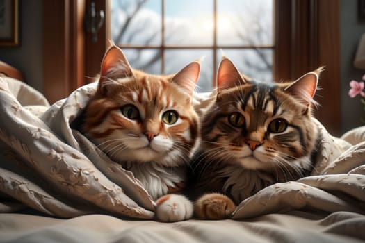 two cats in love lie in bed under a blanket .