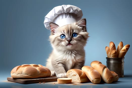 cute cat in a chef's hat with baked fresh bread .