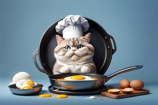 professional chef cat frying scrambled eggs in a frying pan .