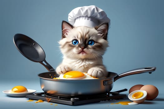 professional chef cat frying scrambled eggs in a frying pan .