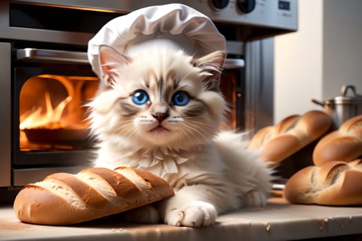 cute cat in a chef's hat with baked fresh bread .