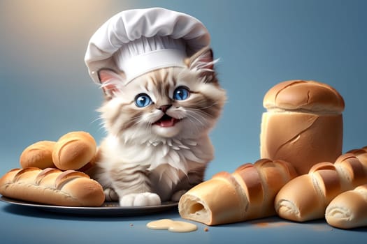 cute cat in a chef's hat with baked fresh bread .