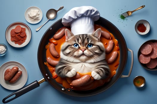 professional chef cat frying sausages in a frying pan ,view from above