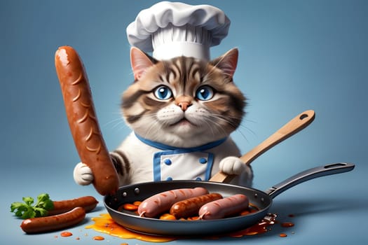 professional chef cat frying sausages in a frying pan .