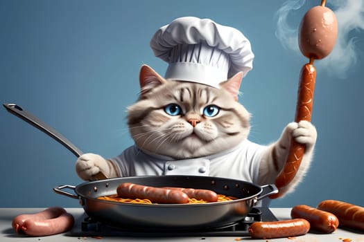 professional chef cat frying sausages in a frying pan .